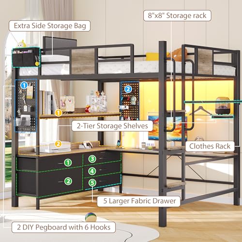 Dnxao Full Loft Bed with Desk and 5 Storage Drawers, Loft Bed Full Size with 1 Bedside Organizer,Removable Ladder, LED Lights and Charging Station,Clothes Rail,Safety Guard,Oak Gray | Clothes Rail, Safety Guard, 1 Bedside Organizer - color: Oak Gray, size