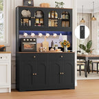 HIFIT 71" LED Kitchen Pantry Cabinet with Power Outlet, Large Kitchen Hutch Cabinet with 2 Storage Drawers & Arched Door, Countertop & Hooks, Tall China Bar for Dining Living Room (Black) - color: Black