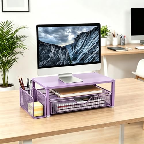 Spacrea Desk Organizer and Accessories, Computer Monitor Stand Riser with Drawer and 1 Open Pen Holder, Printer & Laptop Stand, Office Desk Accessories for Home Office Supplies (Purple) - color: Purple - Metal Drawer