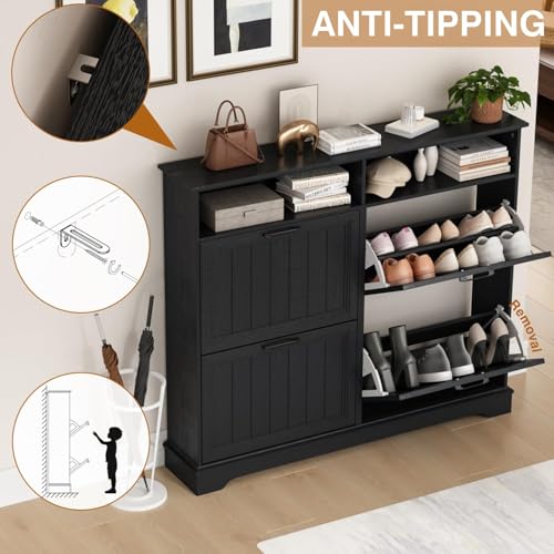 Shoe Storage Cabinet with 4 Flip Drawers, Farmhouse Modern Hidden Shoes Rack Cabinet with Adjustable Shelves & Open Storage, Narrow Slim Shoe Organizer for Front Door Entrance, Entryway, Hallway,Black - color: Black, size: 4-Drawers