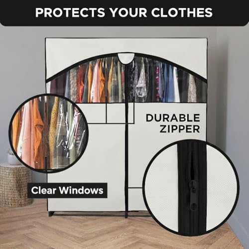 HOLDN’ STORAGE Portable Wardrobe Closet - 65 lb Large Capacity, Internal Heavy Duty Metal Rod, Zipper & Clear Window, Durable Clothes Organizer, Tool-Free Easy Assembly, White Canvas Cover - color: White, size: Large