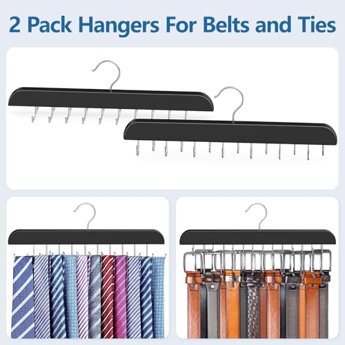 2 Pack Tie Rack & Belt Hanger 2 in 1 Tie Hanger Space Saving Max 42 Belts& 60 Ties Capacity for Closet Organizers and Storage, Sturdy Wood Belt & Tie Collection Organizer - color: Black