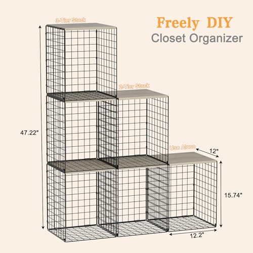 Taller Closet Organizers and Storage with Wood Top, Set of 3 Stackable Wire Storage Bins for Clothes, Bags, Towels, Double Storage Design, Sturdy Metal Cube Shelf Organizer for Closet Wardrobe, Black - color: BLACK, size: 12.2"L x 12"W x 15.74"H