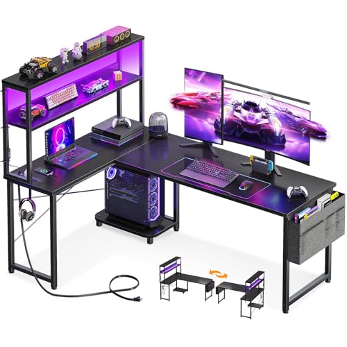 AODK L Shaped Desk Gaming Desk with LED Light & Power Outlet, 61 Inch Reversible L Shaped Computer Table with Shelf & Storage Bag & Hook for Home Office, Black - color: Black, size: 61 inch