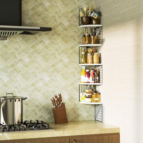 Love-KANKEI Corner Shelf Wall Mount of 5 Tier Rustic Wood Floating Shelves Wall Shelves for Bedroom Living Room Bathroom Kitchen Office and More White - color: White