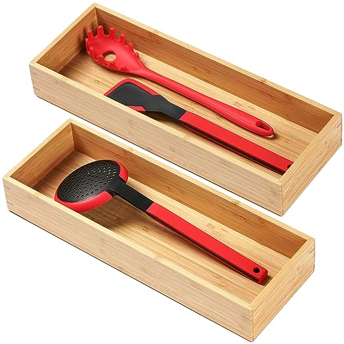 Umilife Bamboo Kitchen Utensils Organizer, Extra Long High Silverware Drawer Holder, Flatware Cutlery Storage Box, Multi-Use Drawer Divider in Office, Bathroom, Pantry - 17"x6"x2.5" (Set of 2) - size: 17 x 6 x 2.5" (Standard, Set of 2)
