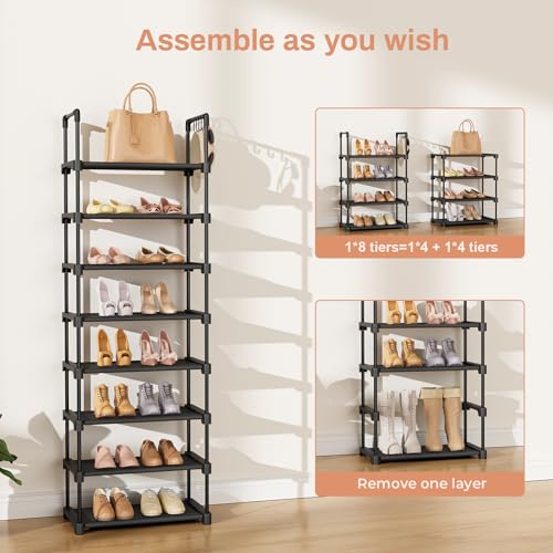 LANTEFUL Tall Shoe Rack 8 Tiers, 16-20 Pairs Shoe and Boots Organizer Storage Sturdy Shoe Shelf, Narrow Vertical Shoe Rack for Entryway, Closet, Metal Shoe Organizer with 5 Hooks - color: Black, size: 8 Tier-54.4" High-17" Wide