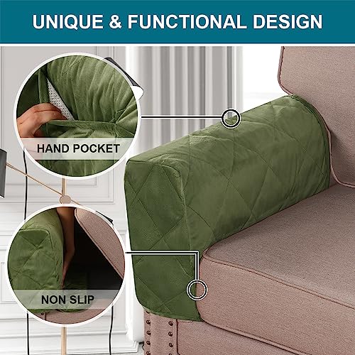 Velvet Quilted Armrest Covers - Water-Resistant Sofa Arm Protectors Set of 2 with Side Pocket Organizer, Non-Slip Furniture Covers for Chairs & Couches (Loden) - color: Loden