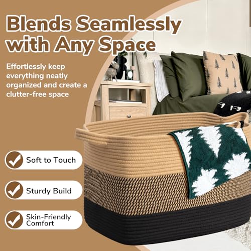 Goodpick 105L Extra Large Blanket Basket 25" x 16" x 16" Cotton Rope Storage Baskets for Organizing, Wicker Laundry Basket with Handles, Rectangle Woven Baskets for Storage, Black & Jute - color: Black Jute, size: XX-Large(25"L x 16"W x 16"H)