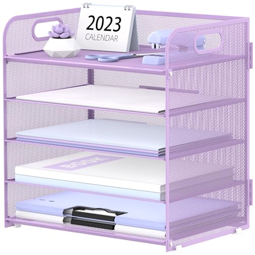 Supeasy 5 Trays Paper Organizer Letter Tray with Handle-Mesh Desk File Holders, Paper Sorter Desk Organizer for Office, Home, Classeoom or School, Purple - color: Purple