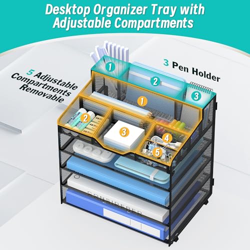 5 Tier Mesh Desk Organizer,Multi Functional Letter Paper Tray with 3 Pen Holders and 5 Adjustable Storage Compartments for Office Supplies Files and Mail Space Saving Desktop Organizer-Black - color: 5 tier-Black