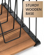 HULISEN Inclined Desk File Organizer, 5-Section Vertical File Folder Holder Stand, Metal File Sorter Rack with Wooden Base, Desktop File Organizer for Office Classroom Home Workspace
