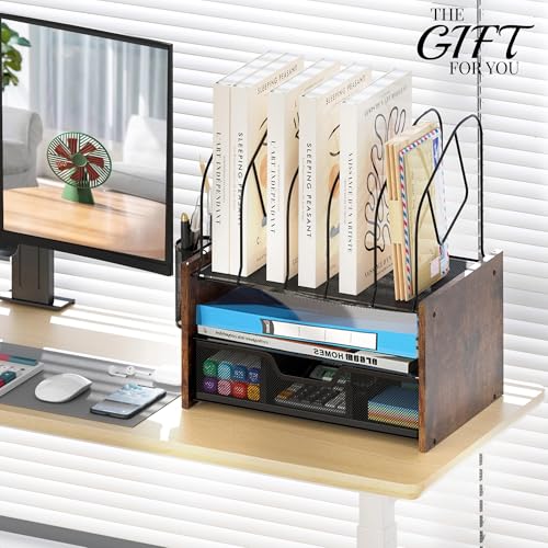 Wood Desk Organizer - 2-Tier Desktop File Organizer with Drawer with Vertical File Holder, Wooden Paper Tray, Office Desk Organzier and Accessories for Papers, Mail, Notebooks, Stationery - size: 2 Tier Drawer with Vertical File Holder
