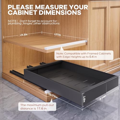 Seinloes 2 Pack Expandable Pull Out Cabinet Organizer 21" Deep with Raising Pad for Framed Cabinets,Upgrade 3 Slide Rails Slide Out Drawers,Roll Out Shelves Adhesive,Adjustable Width 9"-14.1" Black - color: Black, size: 21"D x 9"-14.1"W(2Pack)