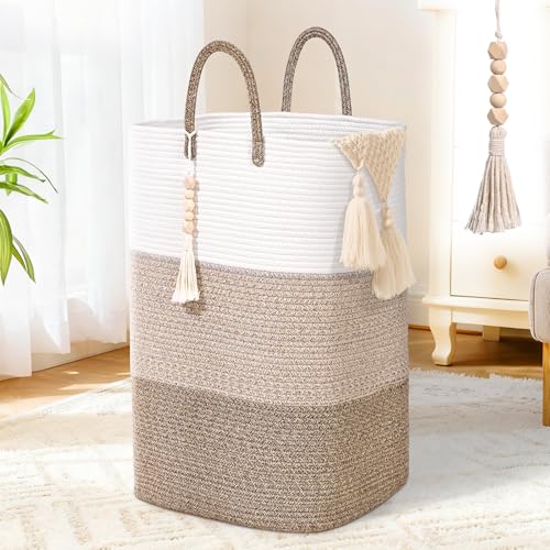Woven Laundry Basket for Clothes,100 L Large Rectangle Laundry Hampers with Beads Tassel, Nursery Storage Basket for Toys, Tall Dirty Clothes Hamper for Bedroom Aesthetic, Laundry Room Organization - color: Gradient Brown, size: 100L