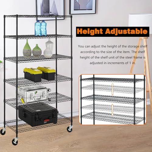 BestOffice Storage Shelves 6 Tier Metal Shelves Adjustable Heavy Duty Garage Shelving Wire Shelving Unit Capacity 6000LBS with Wheels for Kitchen, Garage Pantry Closet Commercial,Black - color: Black, size: 18"D x 45"W x 77"H