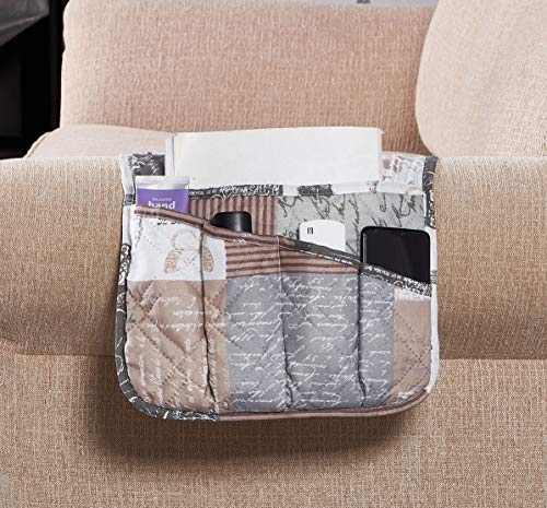 Brilliant Sunshine Paris and Toile Floral Patchwork Couch Armrest 5 Pockets Organizer, Slip Resistant Armchair Caddy, Washable Remote Controls Holder, Storage for Magazine, Tablet, 35×13", Latte Grey - color: Latte Grey