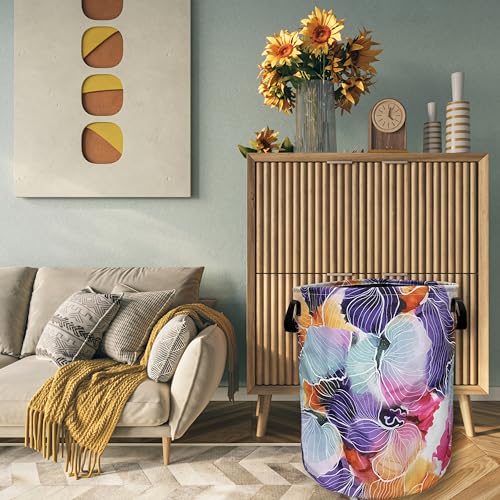 Abstract Watercolor Floral Laundry Basket Foldable With Handles Tote Bag Oxford Cloth Flowers Laundry Hamper Clothes Storage Bucket Toy Organizer 18.9" x 16.5" For Bathroom/Laundry/Bedroom - color: Abstract Watercolor Floral Print