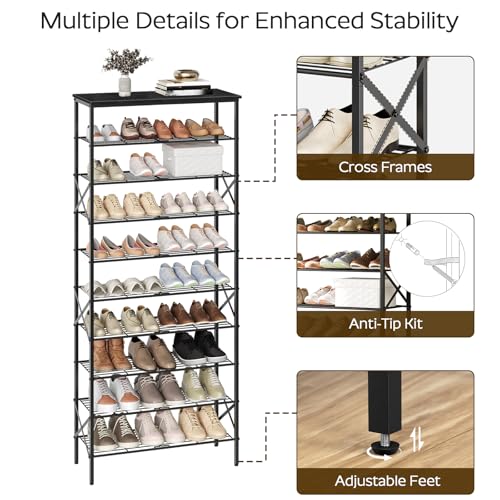 YATINEY 10 Tier Shoe Rack, Large Capacity Shoe Storage Organizer Holds 40 Pairs, Sturdy and Stable, for Entryway, Hallway, Closet, Dorm Room, Black SS10BB - color: Black, size: 27.8" x 10.8" x 65.7"
