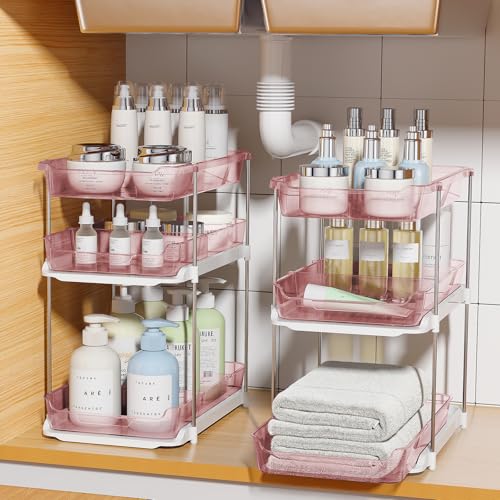Delamu 2 Pack 3-Tier Bathroom Under Sink Organizers and Storage, Multi-Purpose Stackable Pantry Organization and Storage, Pull Out Clear Kitchen Bathroom Cabinet Organizer with Movable Dividers, Pink - color: Pink, size: 2 Pack 3-Tier