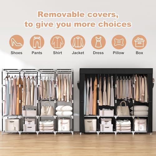 VTRIN Portable Closet for Hanging Clothes 67 Inch Wide Large Capacity Portable Wardrobe Closet with Cover, 4 Storage Shelves and 4 Hanging Rod Sturdy Free Standing Closet for Bedroom, Black - color: Black, size: 4 Row - 67'' Wide