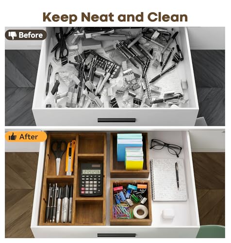KOCWELL Bamboo Desk Drawer Organizer with Removable Dividers,Multi-Use Office Drawer Organizer Tray,Junk Drawer Organizers for Office,School,Kitchen,Makeup Supply（Carbon Brown） - color: Carbon Brown