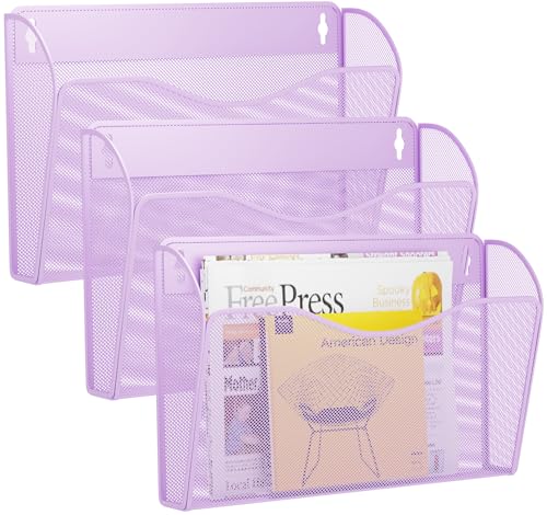 3 Single Pocket Wall File Holder, Mesh Hanging File Folder Paper Organizer, Vertical Wall Mounted Mail Basket, Storage Organization Magazine Rack for Office, Home and School, Light Purple - color: Light Purple, size: 3 Pack Wall Mounted
