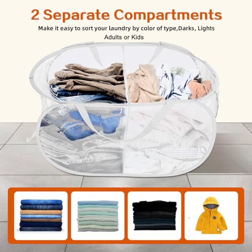 Durable Collapsible Foldable Mesh Pop Up Laundry Basket, 2 Compartments Easy to Carry & Sort Clothes Hampers for Home, Dorm, Travel White - color: White, size: 2 Compartments