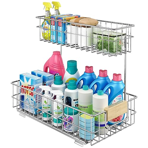 ROOMTEC Pull Out Cabinet Organizer, Under Sink Slide Out Storage Shelf with 2 Tier Sliding Wire Drawer, Sliding Storage for Inside Kitchen Cabinet- 11½ in. W x 21½ in. D (Right) - color: 11.5"W*21.5"D(Wood Handle-Right)
