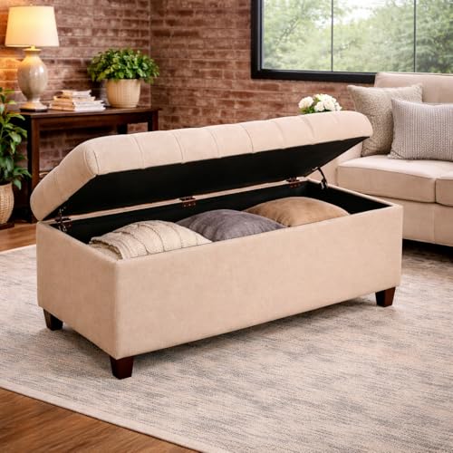 Homepop Home Decor | Tufted Ainsley Button Storage Ottoman Bench with Hinged Lid | Ottoman Bench with Storage for Living Room & Bedroom, Cream 18x40x18 inches - color: Cream