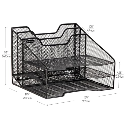Mind Reader Metal Mesh Desktop File Organizer, 3-Tier Paper Tray with 5 Compartments, Office Mail Sorter, Black - color: Black