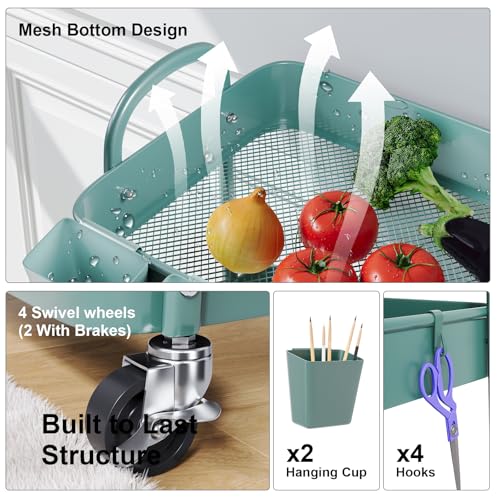 3 Tier Green Metal Rolling Cart with Lockable Wheels and Handle, 3 Tiered Utility Storage Organizer Carts for Teachers, Arts, Craft, Snack, Book, Bedside, Nursery, Cleaning Supplies, Easy Assembly - color: Elegant Green, size: 3 tier