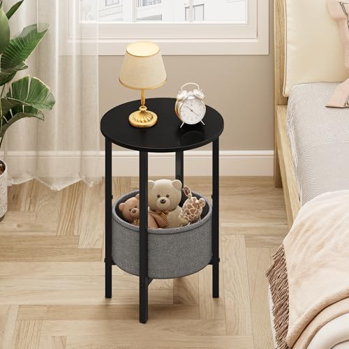 Vagusicc Round Side Table End Table with Storage Basket, Small Side Table Round Nightstand for Small Spaces, Tall Oval End Table with Steel Frame, Coffee Bedside Table for Living Room Bedroom, Black - color: Black