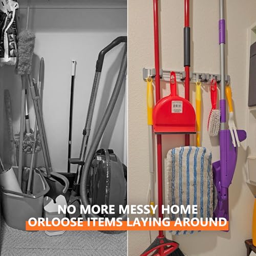 reliahom Broom Holder Wall Mount, 5 Racks with 4 Hooks Silver - Mop Storage Tool Racks, Broom Hanger Tool Organizer for Garage, Kitchen, Garden, Laundry Room - color: Silver, size: 1 Pack 5R4H