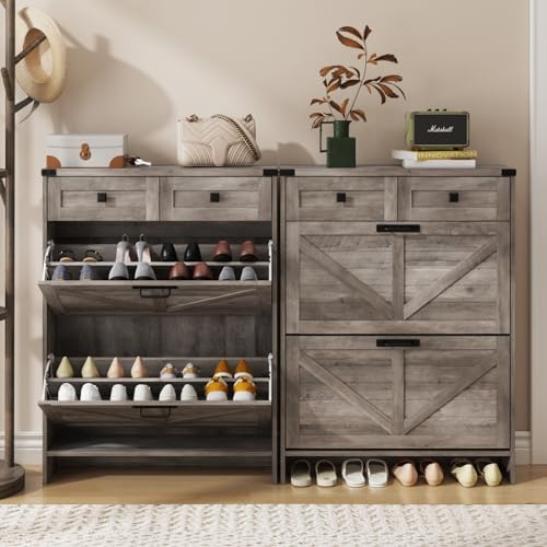 Halitaa Shoe Cabinet with 2 Flip Drawers & 2 Drawers,Farmhouse Shoe Storage Cabinet for Entryway,Slim Freestanding Narrow Organizer Rack for Front Door Entrance,Grey - color: Grey, style: 2-Drawers