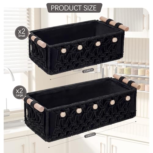 Vesici 4 Pcs Macrame Storage Basket for Shelves 13 in 11 in Boho Storage Basket Hand Woven Boxes with Wood Handles Beads Decorative Countertop Toilet Tank Cabinet Organizer for Home Room Decor (Black) - color: Black