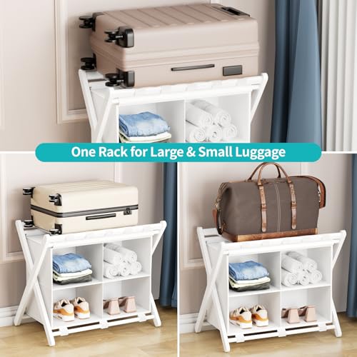 Folding Luggage Rack, 2-Pack White Bamboo Suitcase Stands with 4 Storage Compartments , Sturdy Luggage Holders for Guest Room, Bedroom, Hotel - color: White 2 Pcs