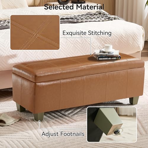 WUTUTUEE 41" Faux Leather Storage Ottoman, Stitch Tufted Rectangle Upholstered End of Bed Storage Bench, Entryway Large Couch Ottoman with Wooden Legs, Light Brown - color: Light Brown, size: 41 Inch