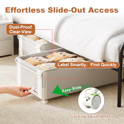 2Pack Under Bed Storage with Wheels,9.5"-12"Tall Adjustable Height Underbed Storage,Deep Under Bed Storage Containers,Rolling Under Bed Clothes Storage,Metal Under Bed Drawers for Shoes,Blankets,Toys - size: Height 9.5"-12"