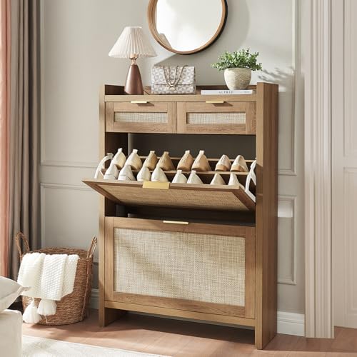 HOKYHOKY Rattan Shoe Storage Cabinet with 2 Drawers & 2 Flip Drawers – Hidden Slim Shoe Organizer for Entryway, Large Tabletop Space, Farmhouse Boho Narrow Shoe Rack, Rustic Oak - color: Rustic Oak, size: 2 Flips