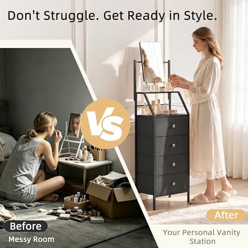 HIGDBFE 4-Drawer Dresser with Mirror, Vanity with 2-Tier Shelves, Fabric Chest of Drawers for Small Space, Vertical Storage Cabinet for Bedroom, Nightstand Bedside Table Furniture, Black, 15.3" W - color: Black