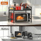 PUSDON Textured Black Microwave Oven Rack, Expandable 2-Tier Kitchen Countertop Organizer, Heavy Duty Carbon Steel Stand with 3 Hooks, Adjustable Height & Length - color: Textured Black, size: H-frame 2 tier