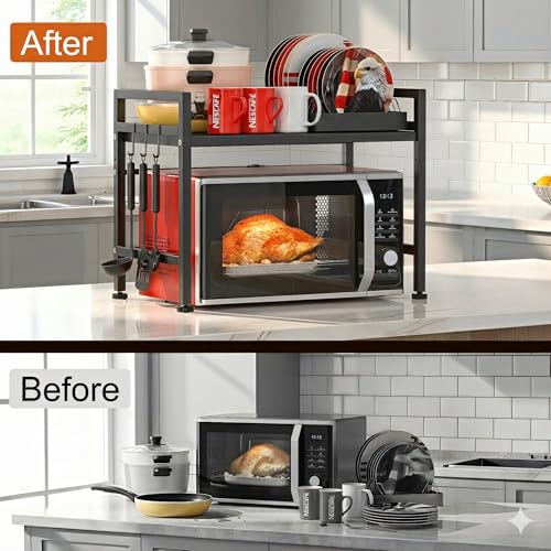 PUSDON Textured Black Microwave Oven Rack, Expandable 2-Tier Kitchen Countertop Organizer, Heavy Duty Carbon Steel Stand with 3 Hooks, Adjustable Height & Length - color: Textured Black, size: H-frame 2 tier