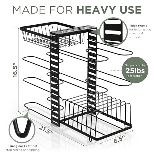 7-Tier Pots and Pans Organizer Under Cabinet - Cooking Pot Lid Organizer for Cabinet with Basket for Utensils, Lid Rack - Adjustable Vertical Holder Cookware Storage, Steel Pot Rack for Kitchen