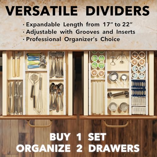 SpaceAid Bamboo Drawer Dividers with Inserts and Labels, Kitchen Adjustable Drawer Organizers, Expandable Organization for Home, Office, Dressers, 7 Dividers with 15 Inserts (17"-22" White) - color: WHITE, size: 2.35''H, 17''-22''L, 7 Dividers