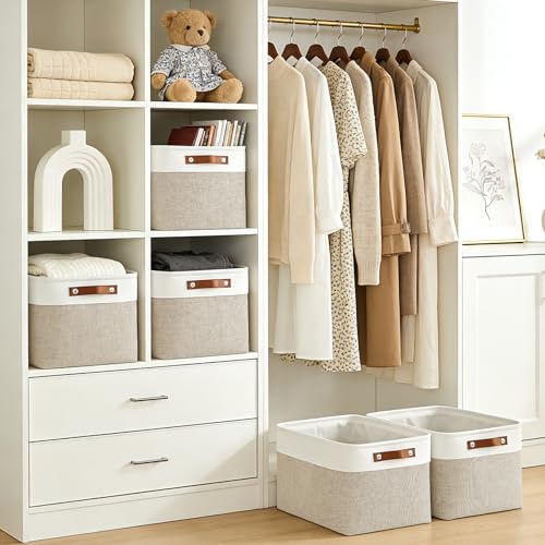 Bagnizer Storage Bins Large Fabric Storage Baskets for Shelves 3 Pack, Decorative Linen Closet Baskets with Handles for Organizing, Shelf, Clothes, Home, Office, 15x11x9.5Inches (Beige&White) - color: Beige / Off-White, size: Large -15"x11"x9.5"