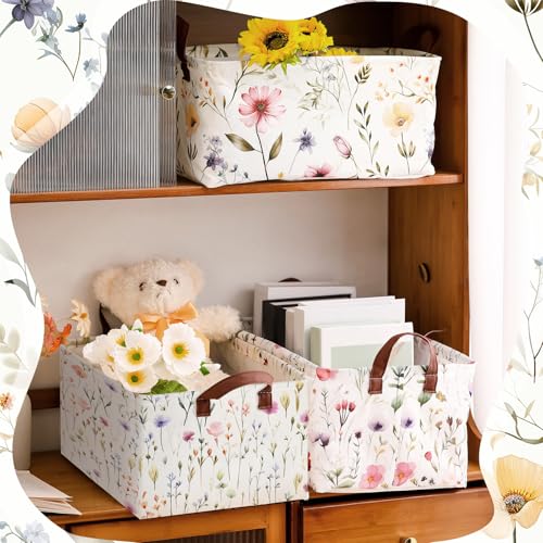Boao 3 Pcs Wildflowers Storage Bin Wildflowers Collapsible Large Storage Baskets for Gifts Canvas Laundry Basket Foldable Box with Handle for Office Home Bedroom Clothes - style: Wildflowers
