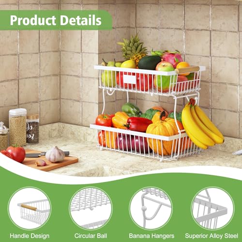 2 Tier Fruit Basket for Kitchen Counter with 2 Banana Hangers, Countertop Metal Bread Basket with Wooden Handle, Large Storage Stand for Vegetables, Snacks, Eggs, Produce Storage – White - color: White, size: 2 Tier