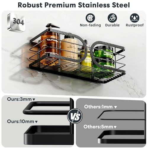 Shower Caddy 3 Pack Adhesive 304 Stainless Steel Shelves No Drill Durable Large Capacity Shower Rack Organizer Soap Holder Quick Dry Rustproof Bathroom Storage(Black) - color: Black, size: 3 Pack