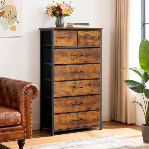Mifuro Tall Dresser for Bedroom, Vertical Storage Organizer Tower with 7 Drawers, Chest of Drawers with Fabric Bins, Steel Frame, Wood Top for Bedroom, Closet, Entryway- Rustic Brown - color: Rustic Brown, size: 7 Drawers